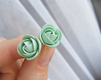 Polymer clay earrings - Mint rose flower stud earrings