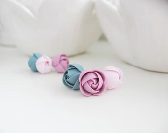 Polymer clay earrings set - Mauve Petrol Light Rose flower stainless steel stud earrings