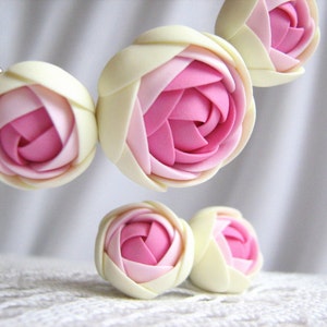 Polymer clay jewelry set - pink/Light pink/vanilla rose flower pendant with stainless steel ball chain and stud earrings