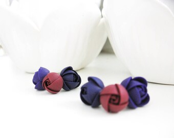 Polymer clay earrings set - Purple Navy Blue Bordo rose flower stainless steel stud Bridesmaids earrings