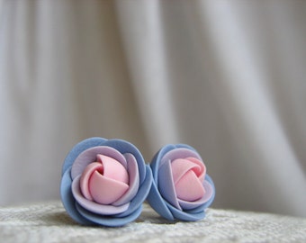 Polymer clay earrings - Blue violet light pink rose flower stud earrings