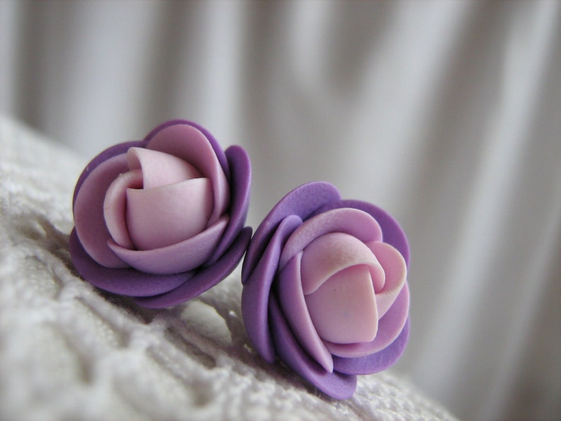 Polymer clay earrings Lilac violet light pink rose flower stud earrings image 2