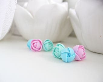 Polymer clay earrings set - Menthol Light Blue Light Pink Rose flower stainless steel bridesmaids stud earrings