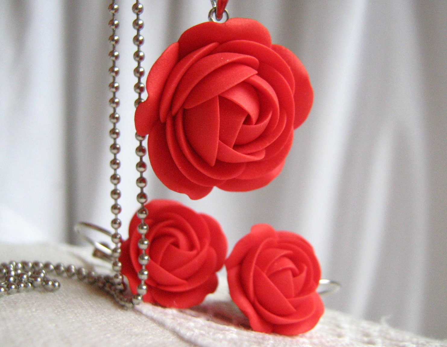Polymer Clay Jewelry Set Poppy Red Rose Flower Pendant With - Etsy
