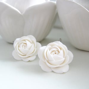 Polymer clay earrings - White rose flower Bridal Bridesmaids leverback earrings