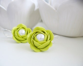 Polymer clay earrings - Wasabi green rose flower leverback bridal earrings with glass beads