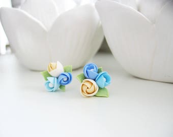 Polymer clay earrings - Light Blue Cream flower studs posts earrings Spring Wedding earrings