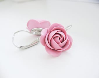 Polymer clay earrings - Old rose flower leverback bridal bridesmaid earrings