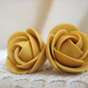 Polymer clay earrings Mustard yellow brown rose flower stud earrings image 1