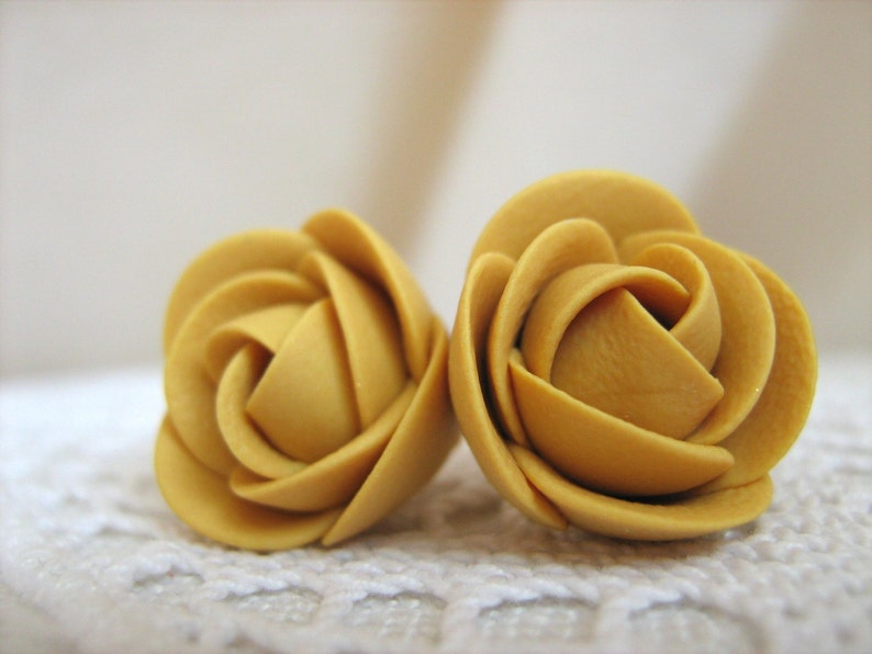 Polymer clay earrings Mustard yellow brown rose flower stud earrings image 1