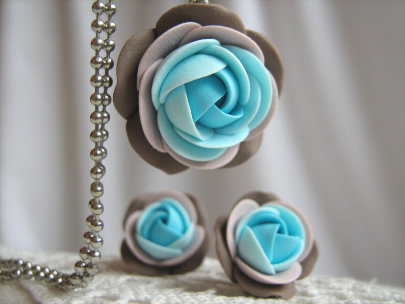 Polymer Clay Jewelry Set Shades of Turquoise and Brown Rose Flower