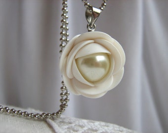 Polymer clay pendant - Light cream white rose flower pendant with stainless steel ball chain and Czech pearl bead