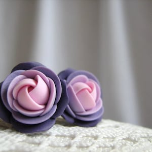 Polymer clay earrings - Light pink, violet rose flower stud earrings