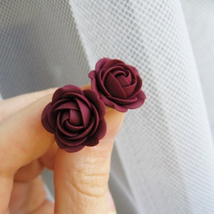 Polymer clay earrings -Dark red Bordo rose flower stud earrings