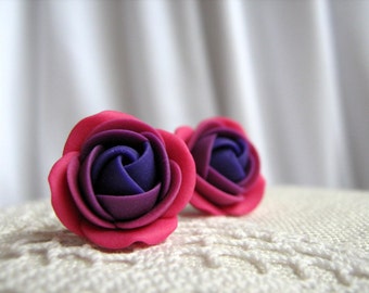 Polymer clay earrings - Raspberry lilac violet rose flower stud earrings