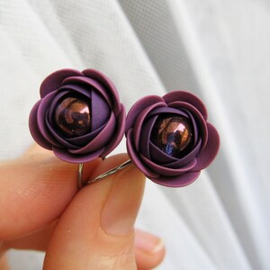 Polymer clay earrings - Dark violet rose flower leverback bridal earrings with Czech glass pearls