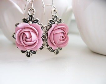 Boucles d’oreilles en argile polymère - boucles d’oreilles fleur vieux rose boucles d’oreilles mariage