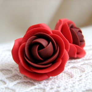 Polymer clay earrings - Red rose flower stud earrings