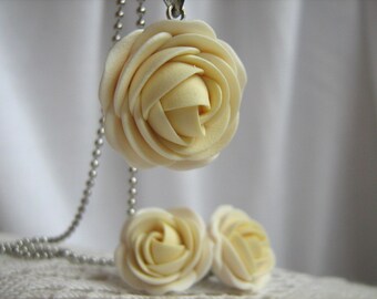 Polymer clay jewelry set - Milk white and cream rose flower pendant with stainless steel ball chain and stud earrings