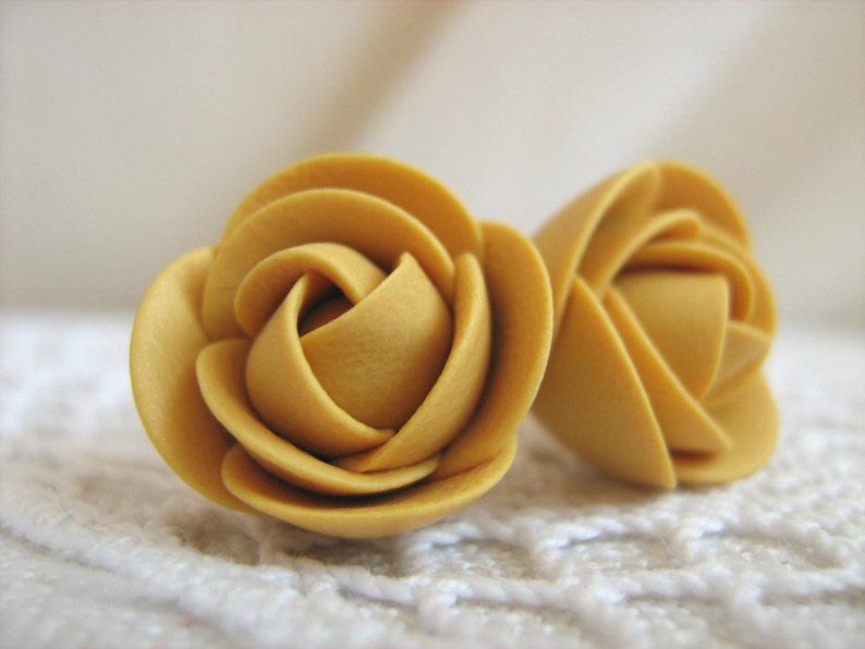 Polymer clay earrings Mustard yellow brown rose flower stud earrings image 2