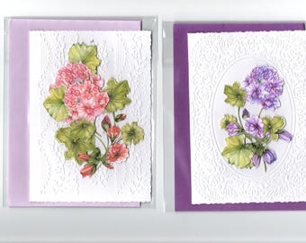 handmade geranium design embellished card and envelope set of two