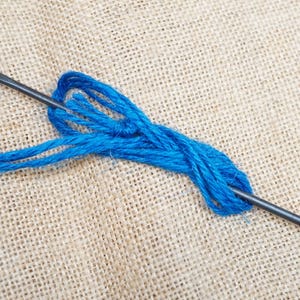 Pode incluir: Uma agulha de metal preta com um laço em uma extremidade enfiada com um cordão azul.