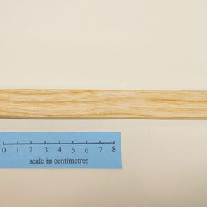 May include: A metal hammer with a dark, textured finish and a light-coloured wooden handle. A blue paper scale is positioned below the hammer, showing a length of 8 centimetres. The tool features a flat, vertical head and a long, straight handle.