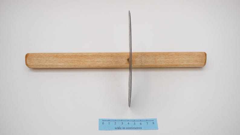 May include: A silver knife with a wooden handle, measuring 20 cm long, is positioned on a white surface with a ruler for scale.