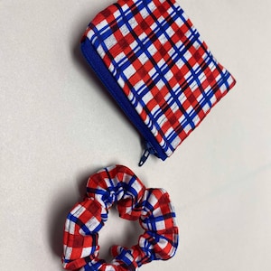 Conjunto de regalo: Monedero y coletero, Monedero rojo, blanco y azul con lazo para el pelo a juego, Billetera pequeña con cremallera, Regalo para ella