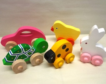 Handmade Wooden Push Toy, Turtle, Car, Bunny, Chick, Lady Bug