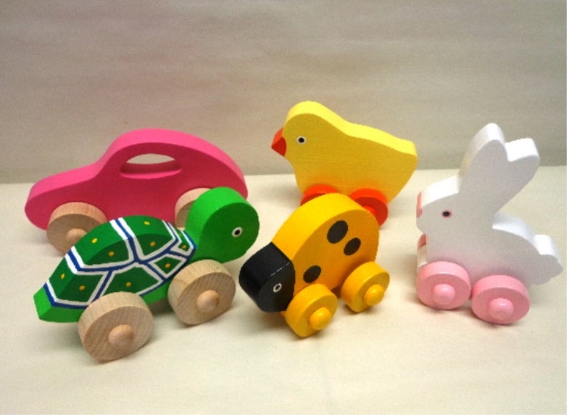 Wooden Toy Turtle, Car, Ladybug, Bunny,& Chicken Wood Push Kids Toy, Giveaways Toys For Children, Easter Gift Kids image 1