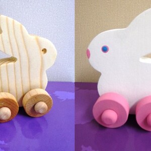 May include: Wooden toy bunny on wheels. One bunny is natural wood, the other is white with pink wheels, blue eyes, and pink nose. The bunny has large ears and a rounded body. The wheels are attached to the bunny's body.