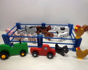 Wood Toys Farm Set, Cows, Horses, Goats, Chickens, Pig, Tractor, Farm Truck, Fence, Birthday  Gift for Kids, Kids Gift Farm Toy Set