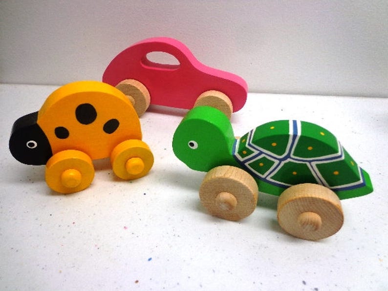 Wooden Toy Turtle, Car, Ladybug, Bunny,& Chicken Wood Push Kids Toy, Giveaways Toys For Children, Easter Gift Kids image 5