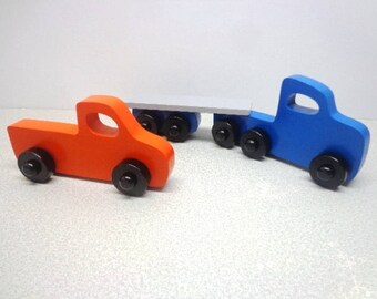 Wood/Wooden Toy Trucks, Set Of 2 Vehicles, Trucks Gift For Boys - Blue Truck, Trailer and  Orange Trucks Gift Set Kids