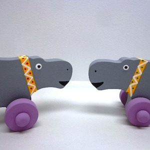 Wood/Wooden Hippo  Push Toy - Birthday Toy Gift Kids - Kids Toys - Hippo Toy On Wheels - Wood Toy  Hippo - Lavender Toy