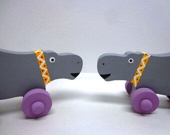 Wood/Wooden Hippo  Push Toy - Birthday - Kids Toys - Lavender- Toy On Wheels - Christmas Gift