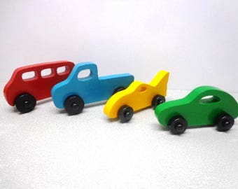 Gift Set 4 Wood Toy Vehicles:  Car, Truck, Bus, Toys Boys/Girls, Party Favor  Vehicle Rolling Toys On Wheels, Kids Toys