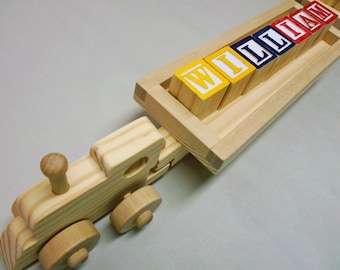 Handmade Wooden Toy Train With Alphabet Blocks & Animals, Personalized Name Car