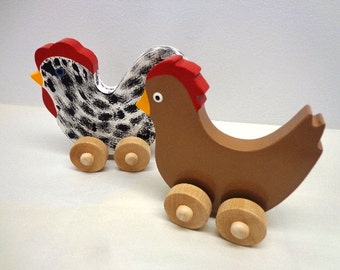 Kids Toys Wooden Chicken Rooster & Hen, Push Toy, Farm Animal Toys, Farm Toy, Animal Toy Chicken, Wooden Handmade Chicken