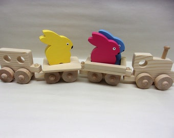 Easter Wood Toys Gift Set: 3 Bunny Riders On A Natural Wooden Train, Easter Gift Toys, Easter Gift Set Kids Toys