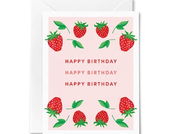 Strawberry Birthday Card - Cute Nature-Inspired Happy Birthday Greeting Card - Watercolor Design - Blank Inside - Hand-Painted Illustration