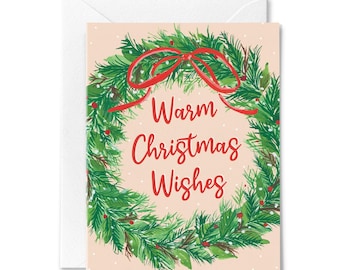 Warm Christmas Wishes - Pink Christmas Card - Christmas Wreath - Cute Holiday Card