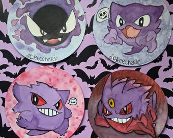 Ghastly | Haunter | Gengar | Mega Gengar - Ghost Evolution Watercolor Art Print Set – Spooky Halloween Decor