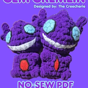 May include: Two purple crochet gremlin figures with light blue eyes, white teeth, and red accents. The text "GEM GREMLIN" and "NO-SEW PDF CROCHET PATTERN" are displayed in the image.