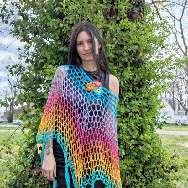 Crocheted Colorful Cotton Poncho