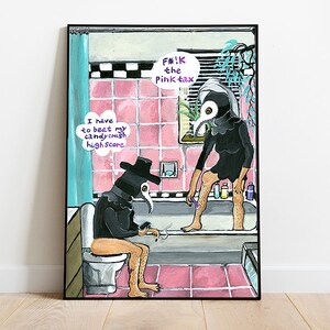 Unique Plague Doctor Giclée Vintage Bathroom Art Print, "Morning Routine", Fun Alternative Home and Bathroom Art, Edgy Feminist Home Decor