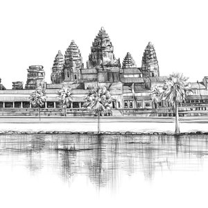 Angkor Wat Print, Cambodia Poster, Vintage Temple Art, Angkor Wat Temple Illustration, Ballpoint Pen Art