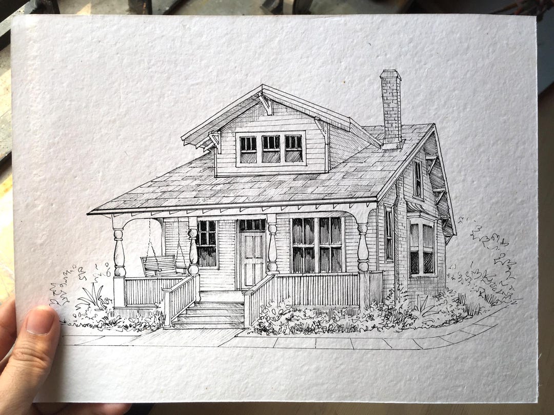 Hand Drawn Pen and Ink House Portrait, Black and White Home ...