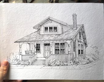 Hand gezeichnetes Haus-Portrait, Schwarzweiß-Hausillustration-Linie Kunst